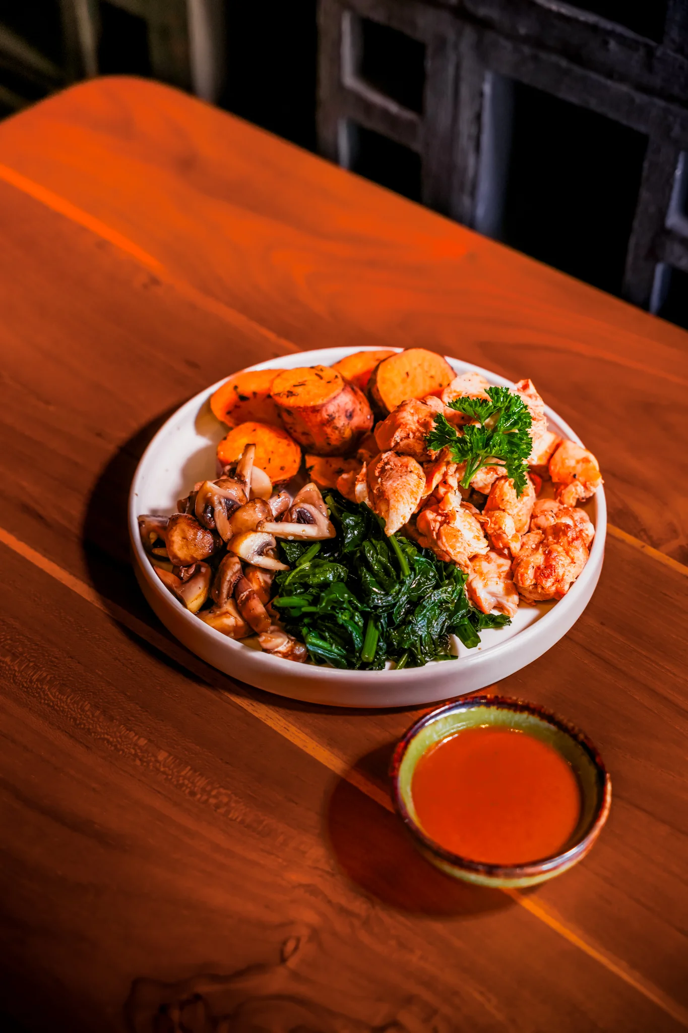 CHICKEN SPINACH, MUSHROOM, BAKED SWEET POTATO (HP)
